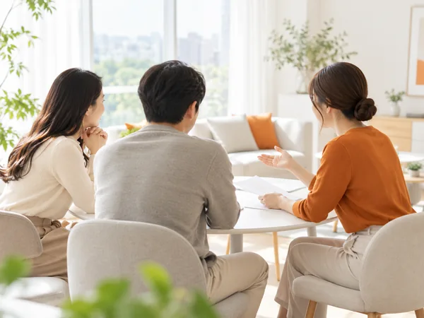원형 탁자에 앉아 이야기를 나누는 세 사람의 옆모습
